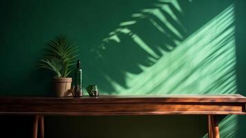 Cleanse wooden table counter with tropical palm tree in dappled sunshine. photo