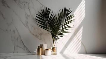 Constrained beige cotton tablecloth on counter table, tropical dracaena tree in sunshine on white divider establishment. photo