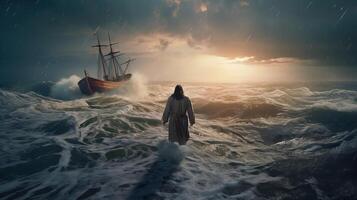 Jesus strolls on water over the ocean towards a watercraft inner parts the center of a storm. Scriptural subject concept. photo