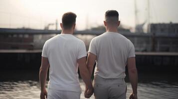 two gays hold hands, close-up on hands, clouded bokeh establishment. photo