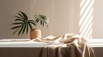 Obliged beige cotton tablecloth on counter table, tropical dracaena tree in daylight on white divider foundation. photo