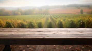 A French vineyard serves as the clouded foundation for an cleanse wooden table. Creative resource, photo