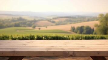 A French vineyard serves as the clouded foundation for an cleanse wooden table. Creative resource, photo