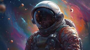 Overpowering delineate of an space pioneer in a colorful bubbles universe on a unmistakable planet. photo