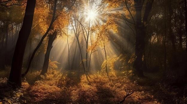 Disorienting scene of an collect time timberland with sunrays entering through the branches. photo