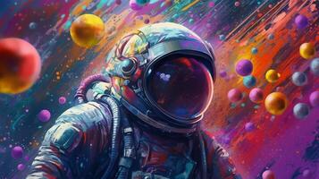 Overpowering delineate of an space pioneer in a colorful bubbles universe on a unmistakable planet. photo