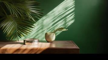 Cleanse wooden table counter with tropical palm tree in dappled daylight. photo