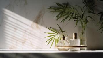Obliged beige cotton tablecloth on counter table, tropical dracaena tree in daylight on white divider foundation. photo