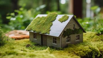 A paper private settled on a bed of greenery in a make, appearing an eco-friendly house. Creative resource, photo