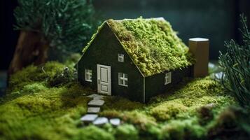 A paper private settled on a bed of greenery in a make, appearing an eco-friendly house. Creative resource, photo