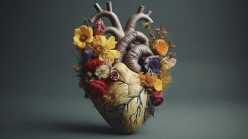Human heart with blooms, cherish and feeling concept. Creative resource, photo