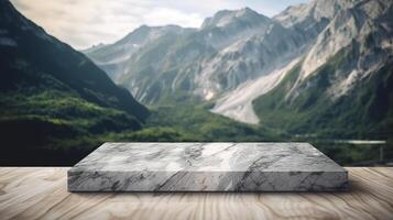 Marble surface table tabletop with mountain foundation for thing appear show. Creative resource, photo