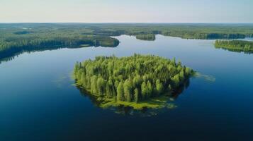 Airborne see of blue water lake and green summer woods in Finland. Creative resource, photo