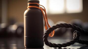 Sports water bottle with skipping rope in work out center. Creative resource, photo