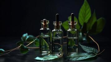 Therapeutic serum in a glass bottles with a pipette on a bleak foundation with green takes off on a dim foundation. Creative resource, photo