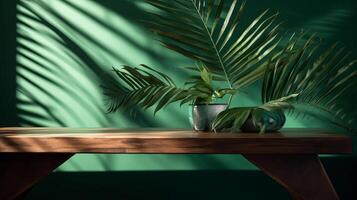 Cleanse wooden table counter with tropical palm tree in dappled sunshine. photo