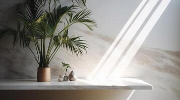 Confined beige cotton tablecloth on counter table, tropical dracaena tree in sunshine on white divider establishment. photo