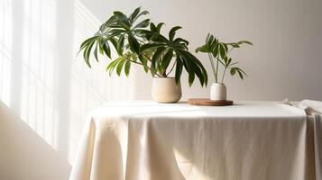Obliged beige cotton tablecloth on counter table, tropical dracaena tree in daylight on white divider foundation. photo