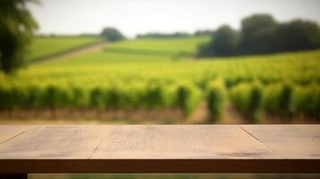 A French vineyard serves as the clouded establishment for an cleanse wooden table. Creative resource, photo