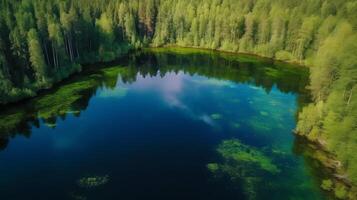 aerotransportado ver de azul agua lago y verde verano bosque en Finlandia. creativo recurso, ai generado foto