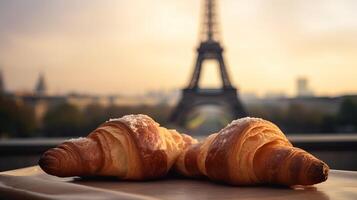 Delightful french croissants on nostalgic foundation of Eiffel tower, Paris. Creative resource, photo