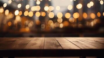 Cleanse wooden table beat with lights bokeh on cloud burger joint establishment. Creative resource, photo