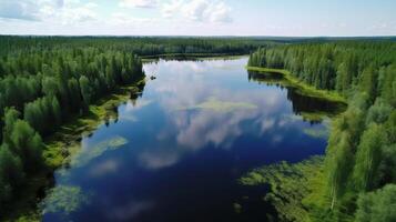 aerotransportado ver de azul agua lago y verde verano bosque en Finlandia. creativo recurso, ai generado foto