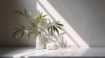 Tricky beige cotton tablecloth on counter table, tropical dracaena tree in sunshine on white divider establishment. photo