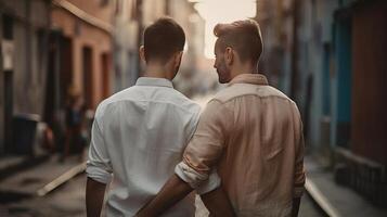 dos gays sostener manos, de cerca en manos, oscurecido bokeh establecimiento. ai generado foto