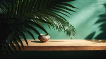 Cleanse wooden table counter with tropical palm tree in dappled daylight. photo