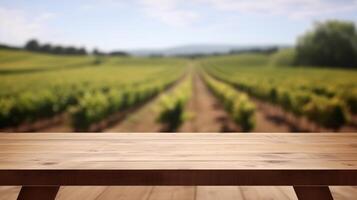 A French vineyard serves as the clouded foundation for an cleanse wooden table. Creative resource, photo