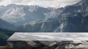 mármol superficie mesa mesa con montaña Fundación para cosa Aparecer espectáculo. creativo recurso, ai generado foto