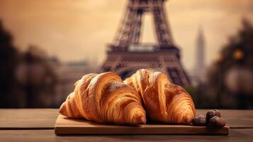 Delightful french croissants on nostalgic foundation of Eiffel tower, Paris. Creative resource, photo