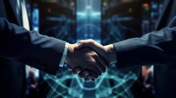 Crypto commerce handshake on back victory and cash advancement asset establishment. photo