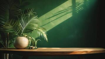 Purge wooden table counter with tropical palm tree in dappled daylight. photo