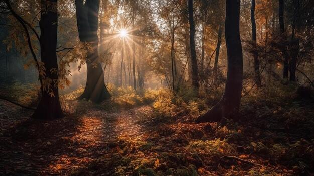 Disorienting scene of an collect time timberland with sunrays entering through the branches. photo
