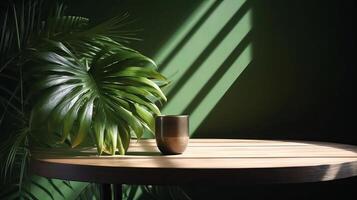 Cleanse wooden table counter with tropical palm tree in dappled daylight. photo