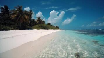 tropical Maldivas isla con blanco arenoso orilla y océano. palmera. ai generado foto