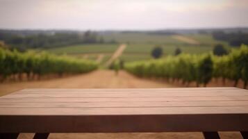 A French vineyard serves as the clouded establishment for an cleanse wooden table. Creative resource, photo