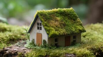 A paper private settled on a bed of greenery in a make, showing an eco-friendly house. Creative resource, photo