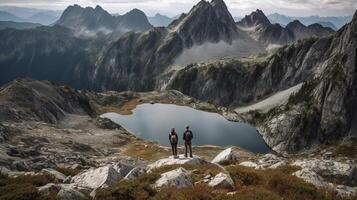 picture of a few of of on best of a mountain looking at an snow capped lake. Creative resource, photo