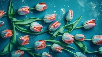 Creative organize made of spring tulip makes on blue paper foundation. Creative resource, photo