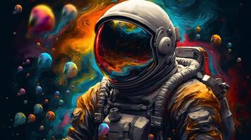 Overwhelming depict of an space pioneer in a colorful bubbles universe on a unmistakable planet. photo