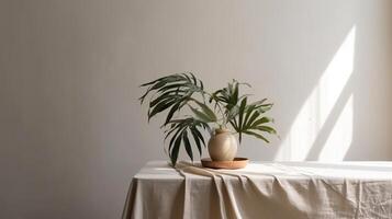 Sensitive beige cotton tablecloth on counter table, tropical dracaena tree in sunshine on white divider establishment. photo