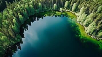 aerotransportado ver de azul agua lago y verde verano bosque en Finlandia. creativo recurso, ai generado foto