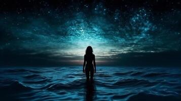 Chart of incline lady standing in sea at night and moving to cloud white shining space. Creative resource, photo