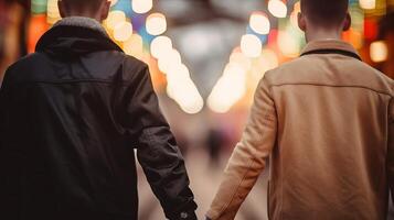 two gays hold hands, close-up on hands, clouded bokeh establishment. photo