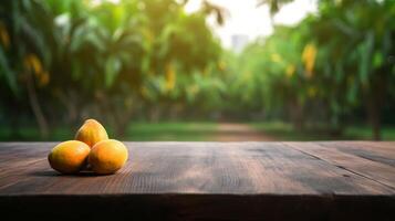 limpiar de madera mesa especial de hora como de tarde mango árbol base. creativo recurso, ai generado foto