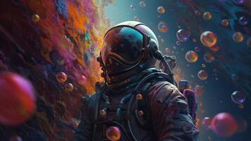 Bewildering depict of an space pioneer in a colorful bubbles universe on a unmistakable planet. photo