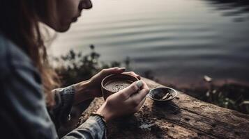 Near of lady sitting close lake and getting a charge out of glass of morning coffee. Creative resource, photo